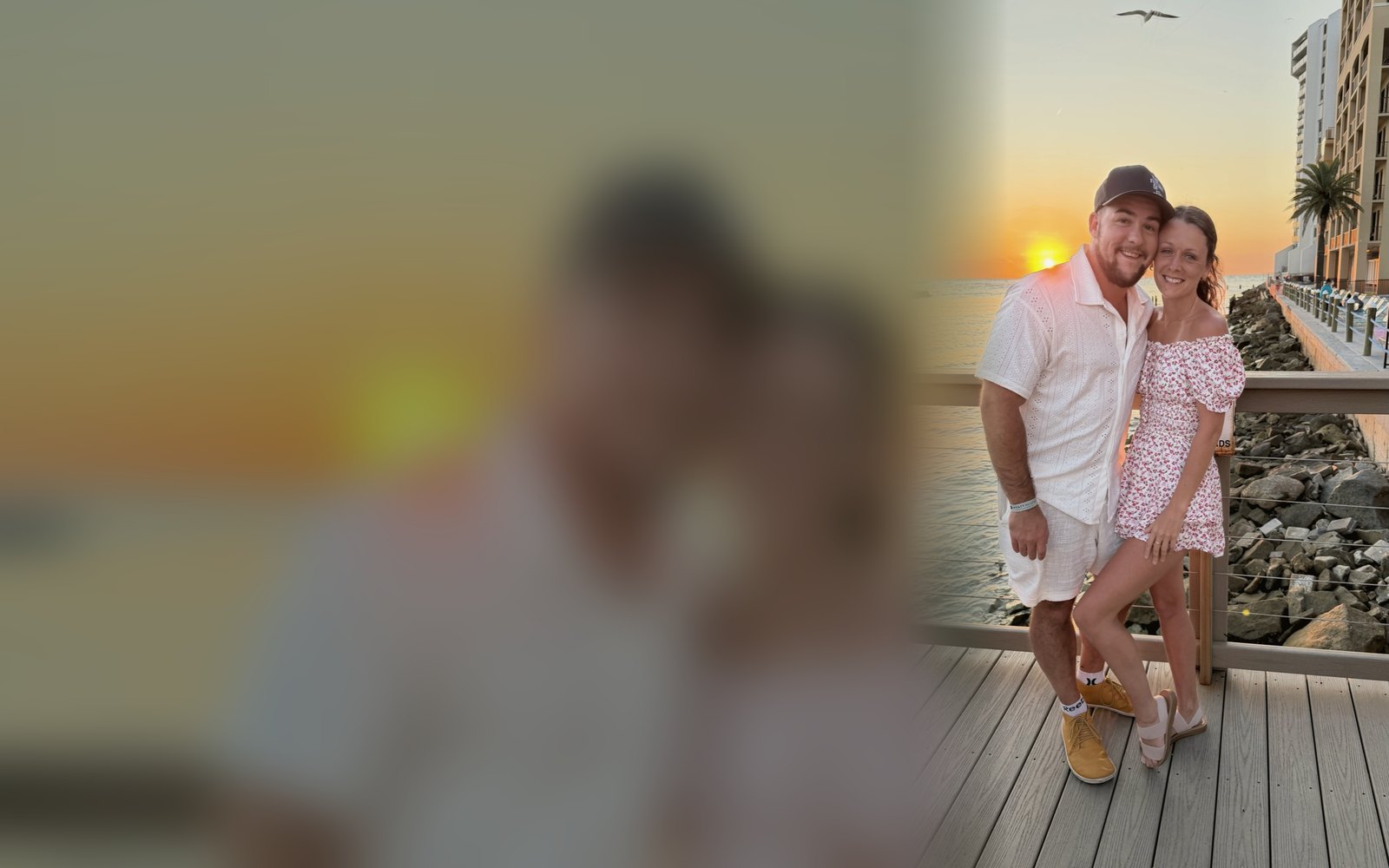 Mick y Camille al atardecer, a la orilla del agua — sin trigo en Quebec, trigo en Europa