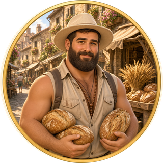 Mick como personaje ilustrado, con hogazas de pan artesanal en los brazos, en la callejuela de un mercado de un pueblo de casas de piedra