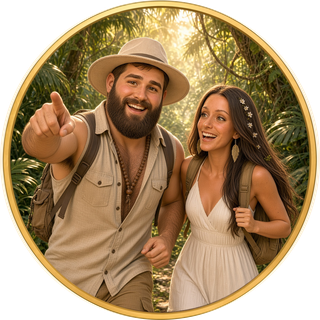 Mick et Camille en personnages dessinés, en randonnée sur un sentier de jungle, Mick qui pointe le chemin devant eux