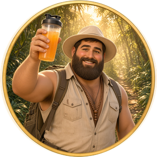 Mick en personnage dessiné, qui lève un shaker rempli d'une boisson orangée sur un sentier de jungle ensoleillé