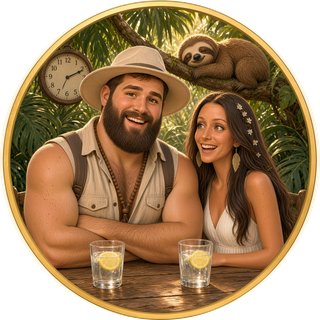 Mick et Camille en personnages dessinés, souriants, attablés en pleine jungle devant deux verres d'eau citronnée, près d'une horloge qui marque deux heures et d'un paresseux qui dort sur une branche