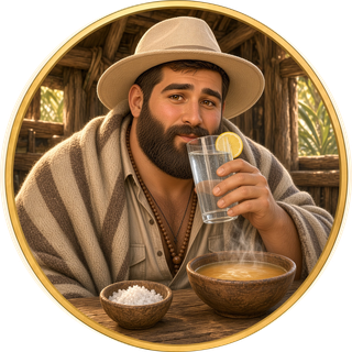 Mick en personnage dessiné, emmitouflé dans une couverture, qui boit un verre d'eau citronnée devant un bol de sel et un bouillon fumant