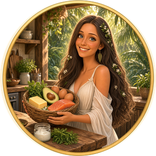Camille en personnage dessiné, dans une cuisine de bois ouverte sur la jungle, avec un panier de beurre, d'avocat, d'œufs et de saumon