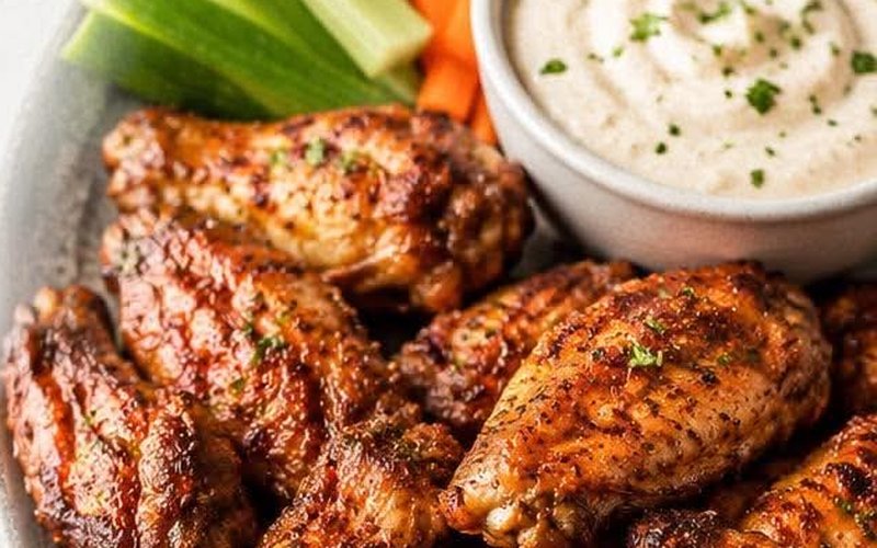 Ailes de poulet croustillantes dans une assiette, à côté d'un bol de trempette et de bâtonnets de céleri et de carottes