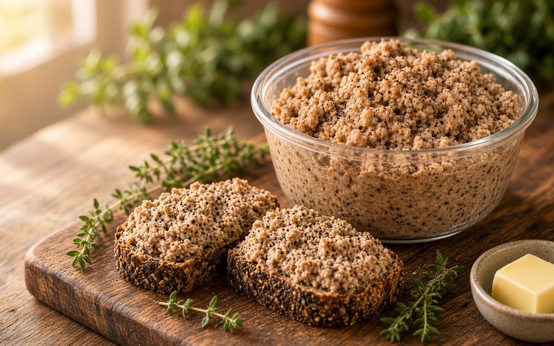 Creton maison dans un bol de verre, avec deux tranches de pain tartinées, du thym frais et du beurre