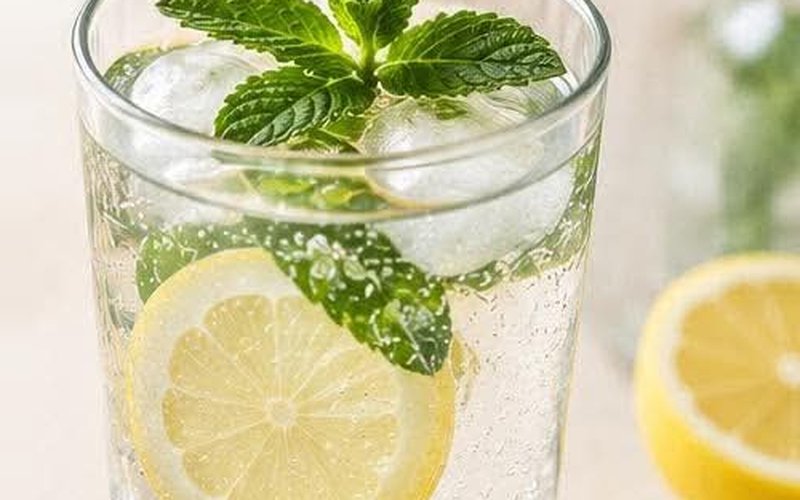 Un grand verre d'électrolytes maison avec glaçons, menthe fraîche et une tranche de citron