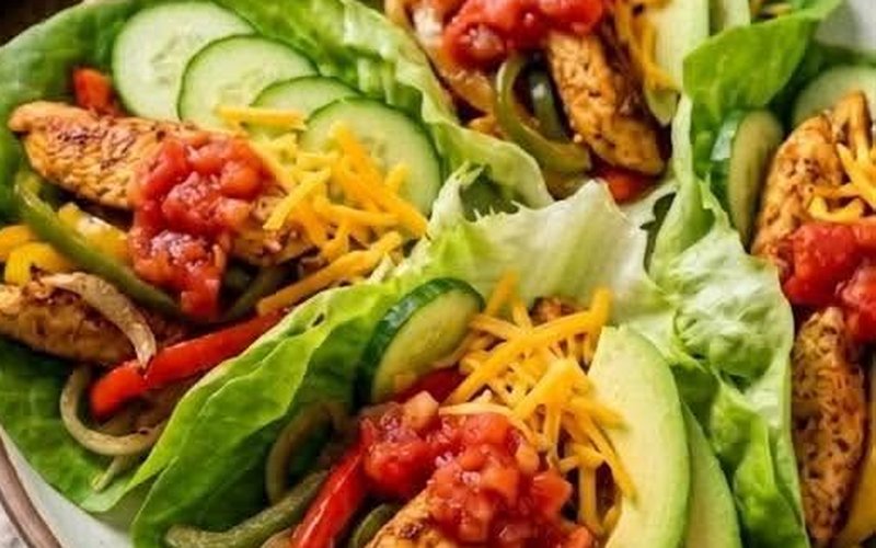 Fajitas de poulet keto dans des feuilles de laitue, garnies de piments, de concombre, d'avocat, de fromage râpé et de salsa