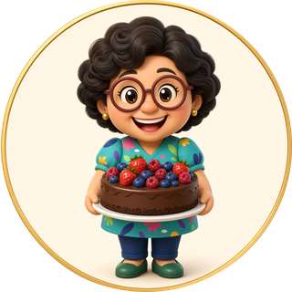 Mamie Lyne en personnage dessiné, souriante, avec ses lunettes rondes, qui tient un gâteau au chocolat garni de petits fruits