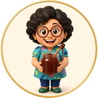 Mamie Lyne en personnage dessiné, avec un pot de sauce BBQ maison