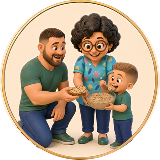 Mamie Lyne, Matteo et Mick en personnages dessinés : Matteo mange le creton à la cuillère, directement dans le bol