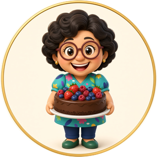 Mamie Lyne en personnage dessiné, qui tient un gâteau au chocolat garni de petits fruits