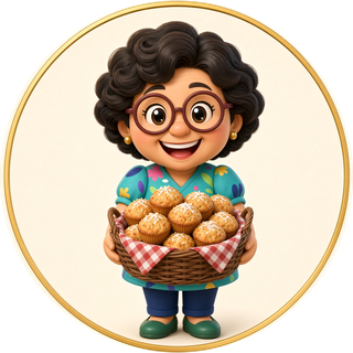 Mamie Lyne en personnage dessiné, avec un panier de muffins banane-coco