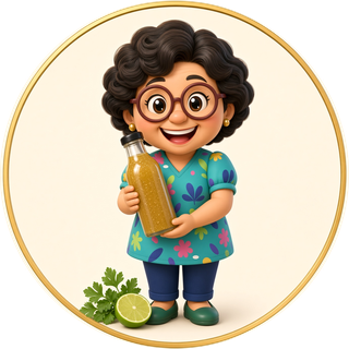 Mamie Lyne en personnage dessiné, avec une bouteille de vinaigrette maison