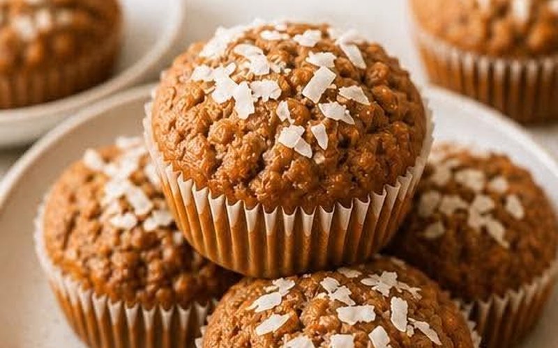 Des muffins banane-coco sans noix empilés dans une assiette