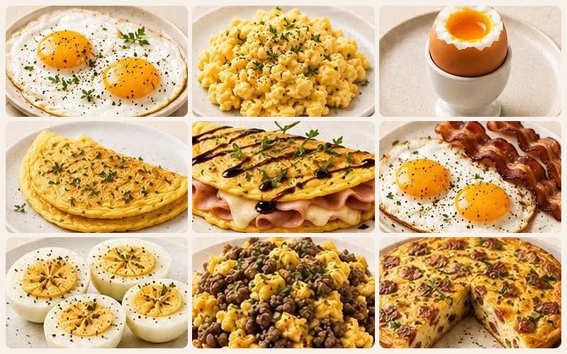 Mosaïque de neuf assiettes d'œufs : au plat, brouillés, à la coque, omelette nature, omelette jambon et fromage, avec bacon, durs, avec bœuf haché et frittata