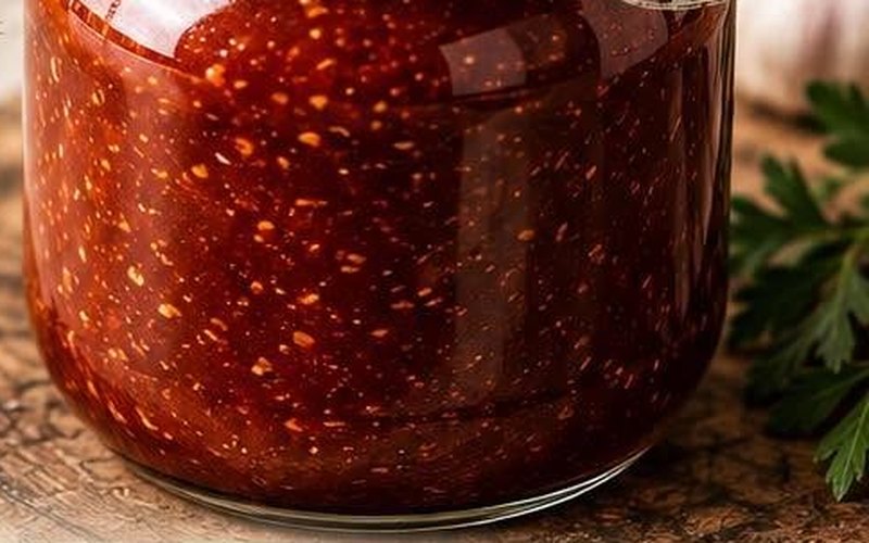 Pot de sauce rouge style BBQ maison sur une planche de bois