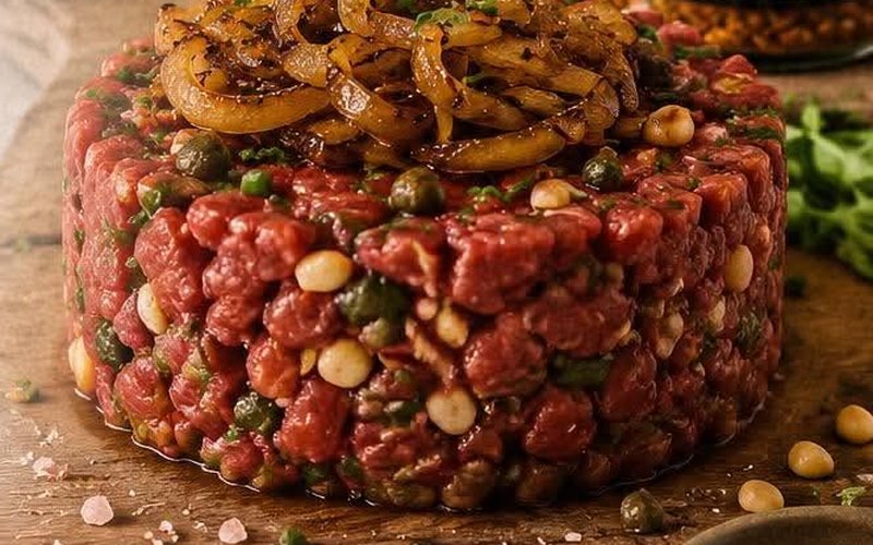 Tartare de bœuf aux noix de pin et aux câpres, garni d'oignons revenus dans la poêle, sur une planche de bois